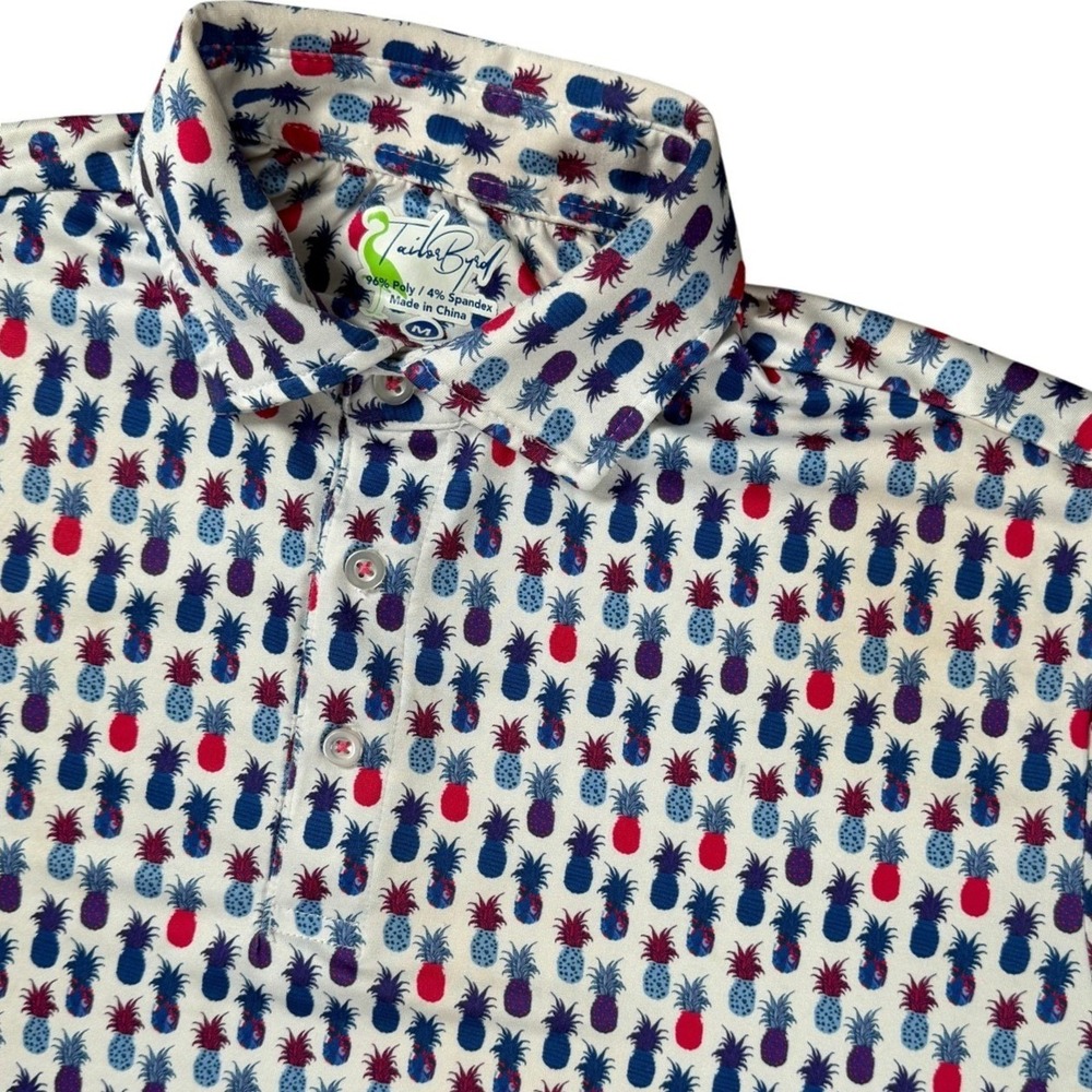 TailorByrd Pineapple Polo Mens Med White Blue Red Performance Golf Shirt SPF30